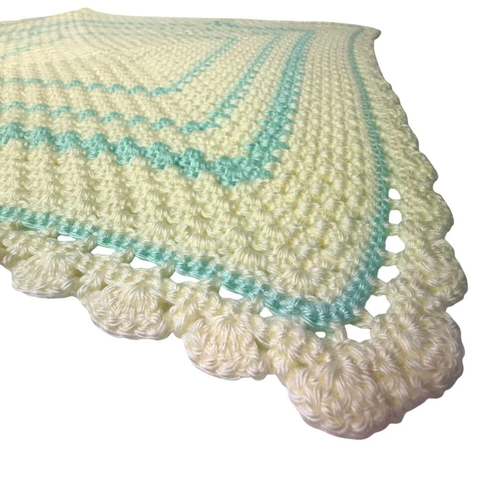 SOFT Handmade Vintage Crochet Baby Blanket Yellow and Green Scalloped Edge 26" - Picture 5 of 8